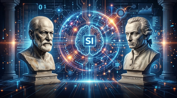 Busts of Sigmund Freud and Immanuel Kant facing each other in front of an AI-themed background